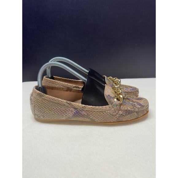 Stuart Weitzman Snake Print Loafers with Gold Chain - Picture 3 of 9